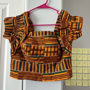 Women’s Multicolor Kente Crop Top with Ruffle Sleeves